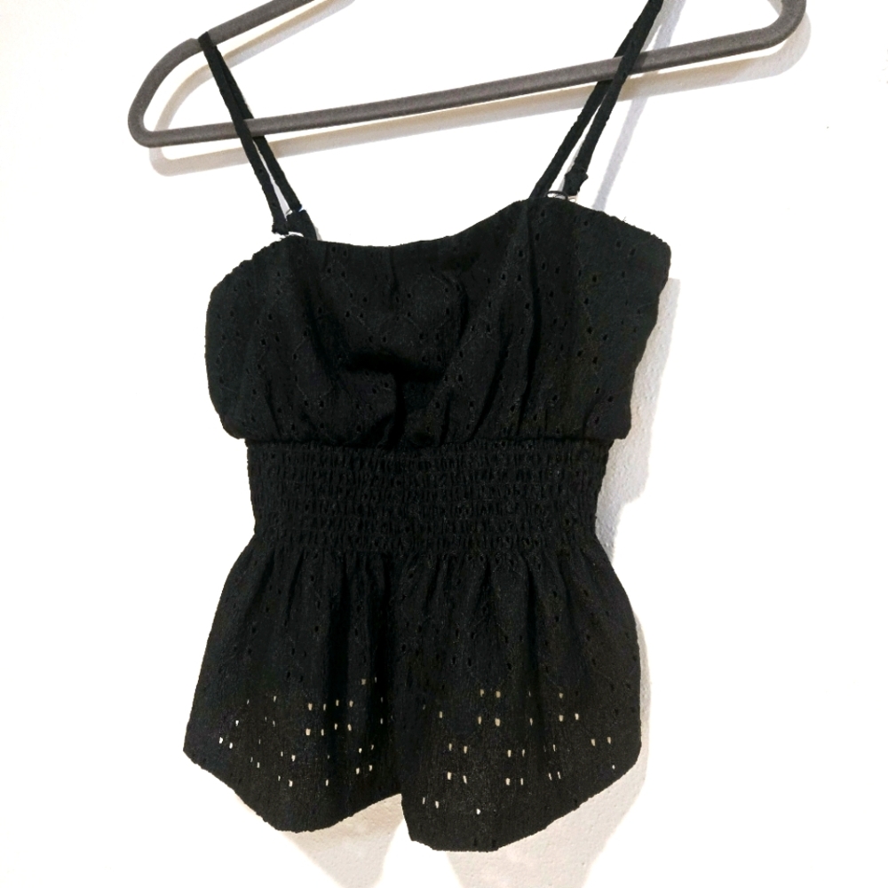 Womens XS Black Crop Top by Eyeshadow Smocked Eyelet with Removable Straps